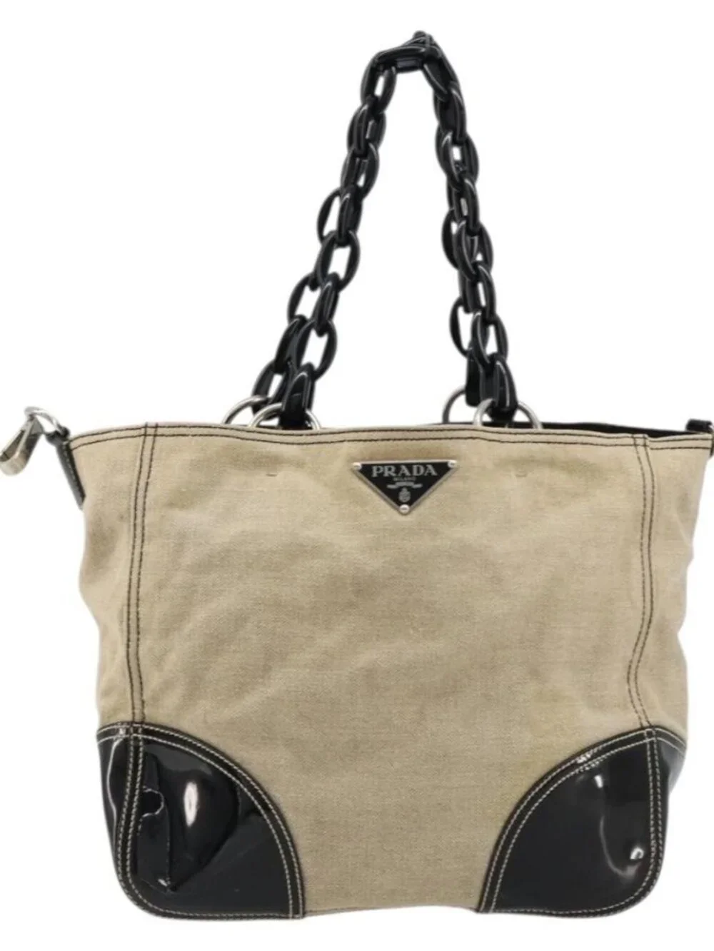 PRADA Plastic Chain Tote Bag Canvas Beige Silver Auth